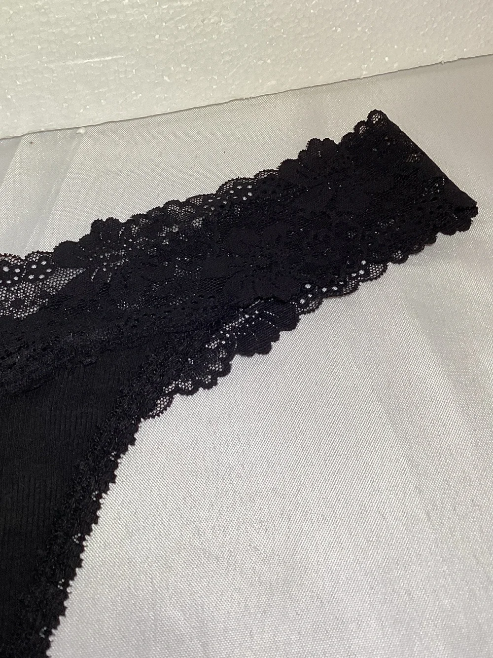 PINK Victoria's Secret Black Ribbed Lace Trim Thong